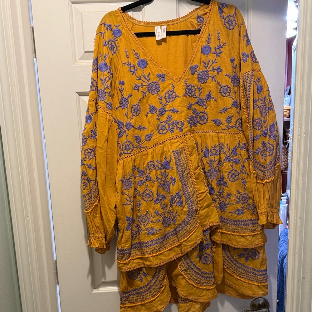 Meadow Rue by Anthropologie Mustard and Purple Embroidered Dress